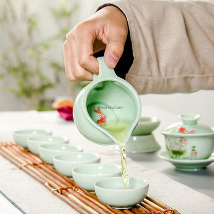 Gaiwan Tea Set | Celadon Lotus Carp Relief Dehua 6 Cups