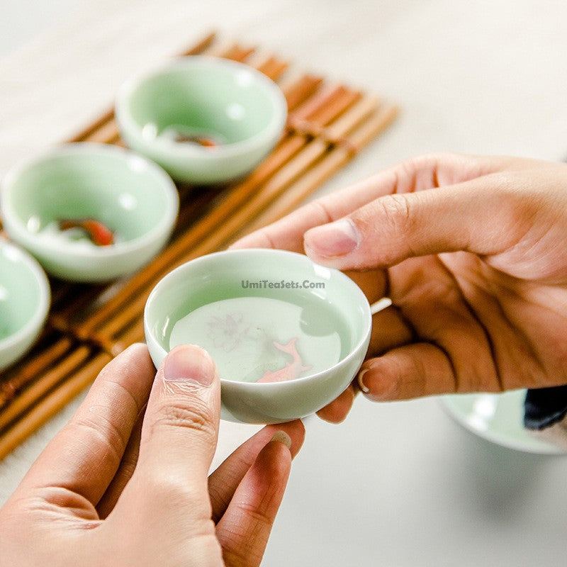 Gaiwan Tea Set | Celadon Lotus Carp Relief Dehua 6 Cups