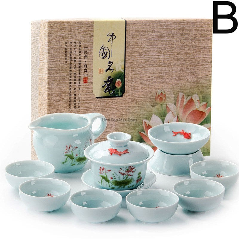 Gaiwan Tea Set | Celadon Lotus Carp Relief Dehua 6 Cups