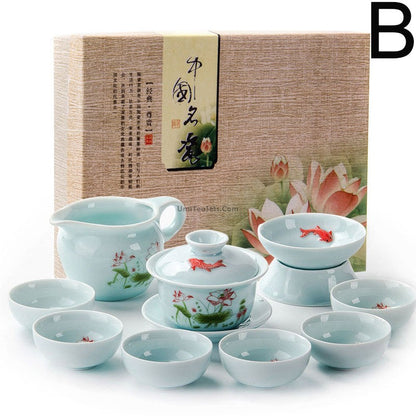 Gaiwan Tea Set | Celadon Lotus Carp Relief Dehua 6 Cups