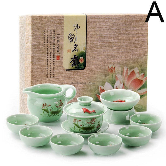 Gaiwan Tea Set | Celadon Lotus Carp Relief Dehua 6 Cups