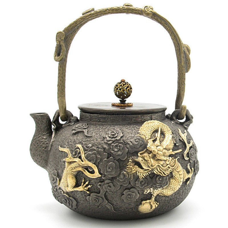 Cast Iron Teapot | Golden Dragon Carving, 1300ml, Ring Handle