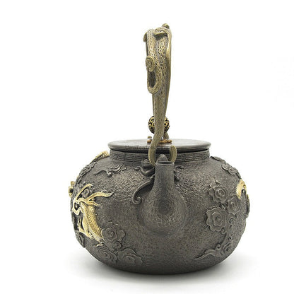 Cast Iron Teapot | Golden Dragon Carving, 1300ml, Ring Handle