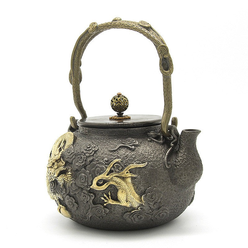 Cast Iron Teapot | Golden Dragon Carving, 1300ml, Ring Handle