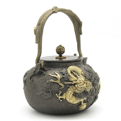 Cast Iron Teapot | Golden Dragon Carving, 1300ml, Ring Handle
