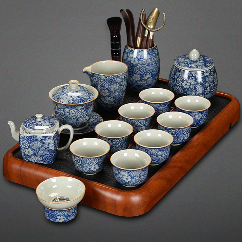 Kung Fu Tea Set Ruyao Blue White Floral 15pcs with Tray