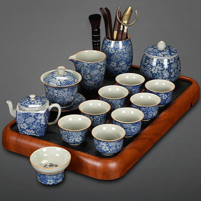 Kung Fu Tea Set Ruyao Blue White Floral 15pcs with Tray
