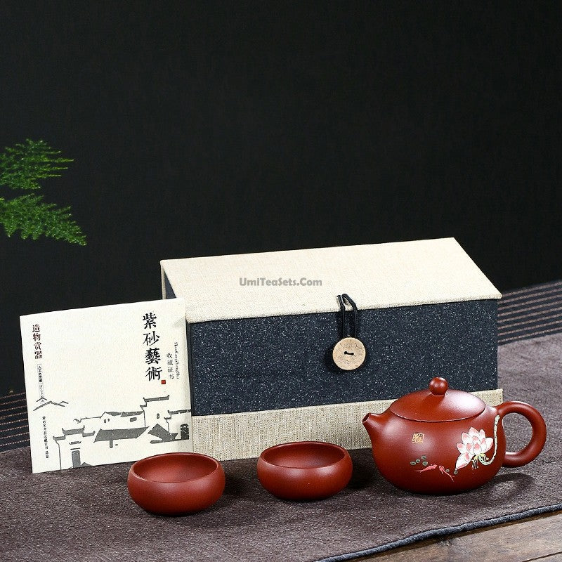 Tea Set Yixing Xi Shi Lotus Red Clay Teapot 2 Cups 240ml