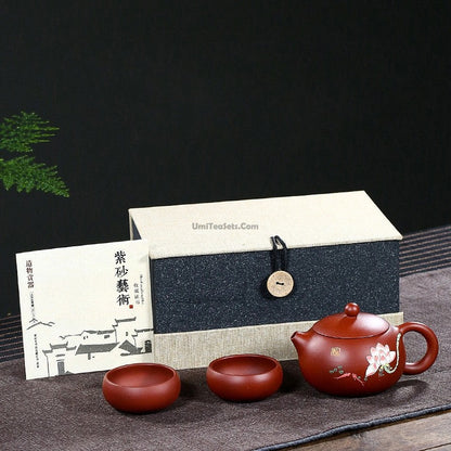 Tea Set Yixing Xi Shi Lotus Red Clay Teapot 2 Cups 240ml