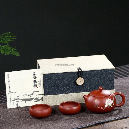 Tea Set Yixing Xi Shi Lotus Red Clay Teapot 2 Cups 240ml
