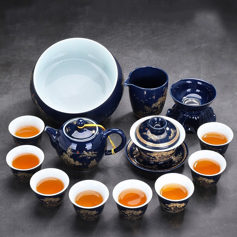Ji Blue Dehua Porcelain Tea Set 13pc | Carved Landscape