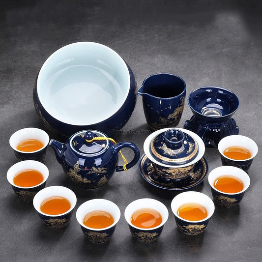 Ji Blue Dehua Porcelain Tea Set 13pc | Carved Landscape