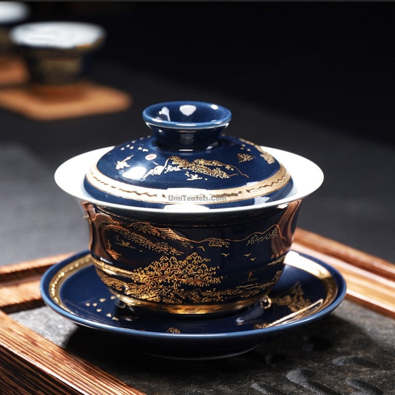 Ji Blue Dehua Porcelain Tea Set 13pc | Carved Landscape