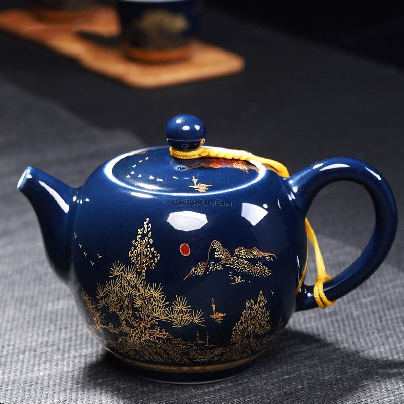 Ji Blue Dehua Porcelain Tea Set 13pc | Carved Landscape