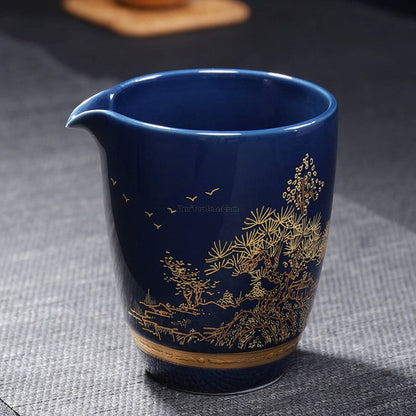 Ji Blue Dehua Porcelain Tea Set 13pc | Carved Landscape