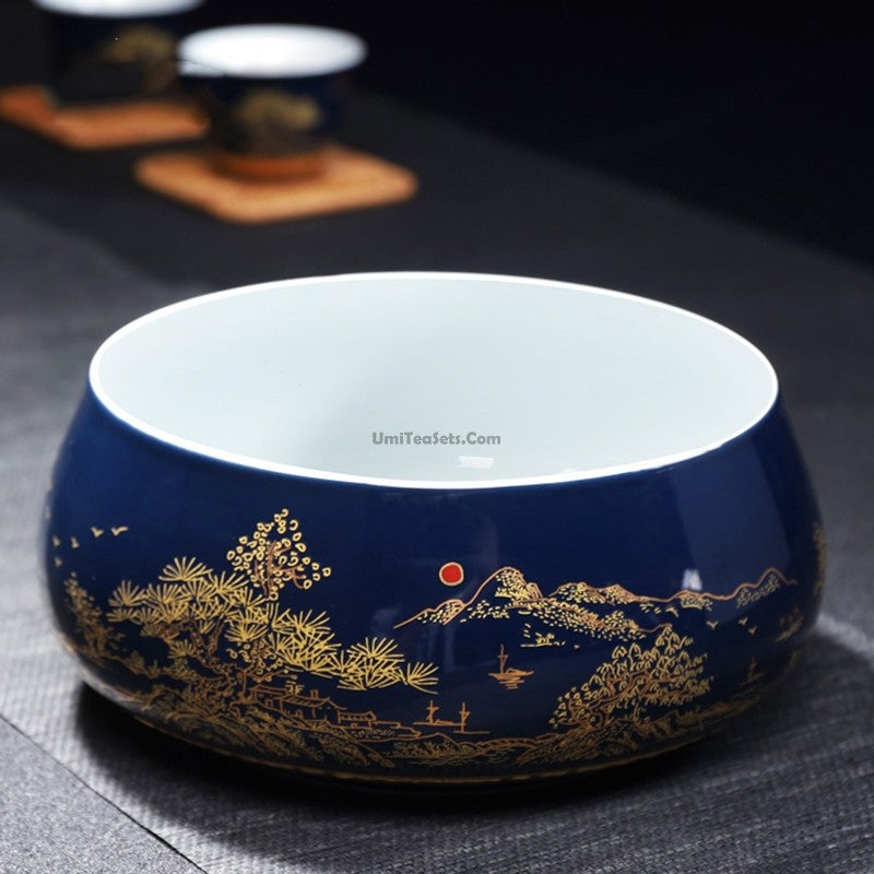 Ji Blue Dehua Porcelain Tea Set 13pc | Carved Landscape