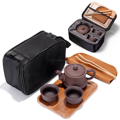 Travel Tea Set Purple Clay Teapot 2 Cups Tray Bag 4-Piece