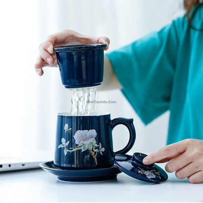 Silver-Lined Dehua Tea Cup with Infuser | Blue Egret 400ml