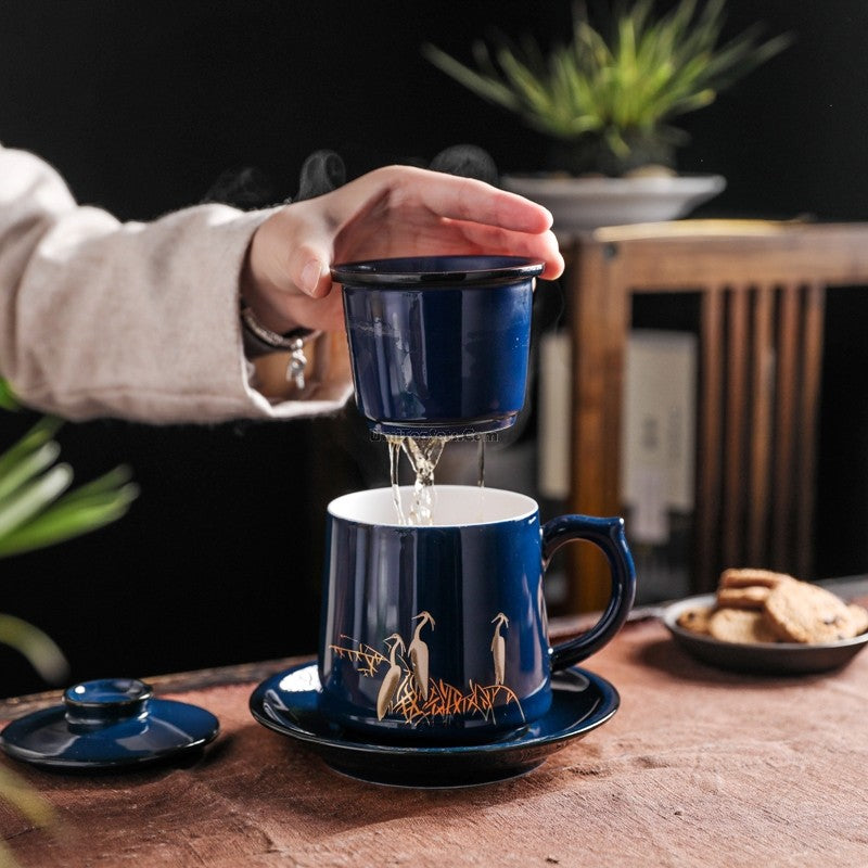 Silver-Lined Dehua Tea Cup with Infuser | Blue Egret 400ml
