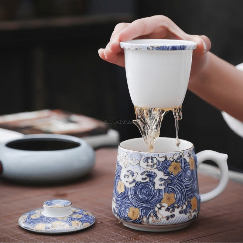 Tea Cup with Infuser Sea Wave Enamel Porcelain 400ml
