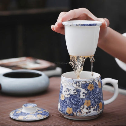 Tea Cup with Infuser Sea Wave Enamel Porcelain 400ml