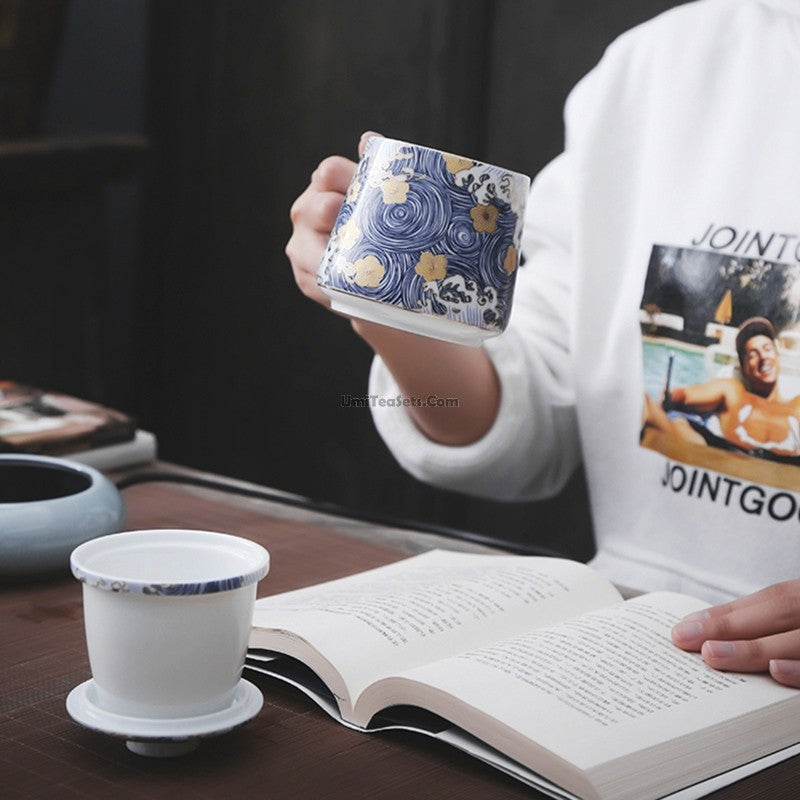 Tea Cup with Infuser Sea Wave Enamel Porcelain 400ml