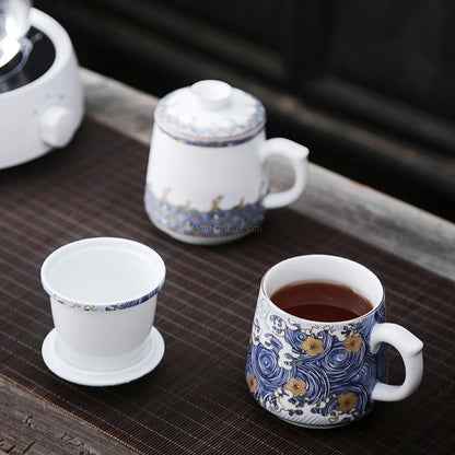 Tea Cup with Infuser Sea Wave Enamel Porcelain 400ml