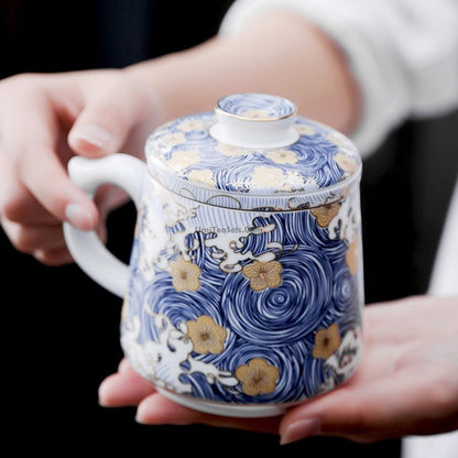Tea Cup with Infuser Sea Wave Enamel Porcelain 400ml