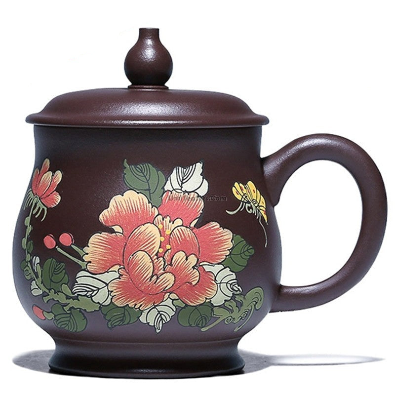 Handmade Purple Clay Peony Tea Cup with Lid