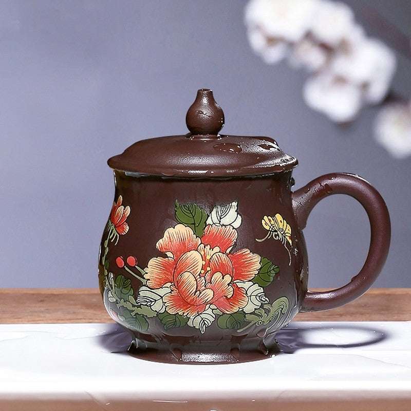 Handmade Purple Clay Peony Tea Cup with Lid