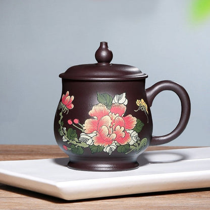 Handmade Purple Clay Peony Tea Cup with Lid