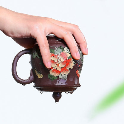 Handmade Purple Clay Peony Tea Cup with Lid