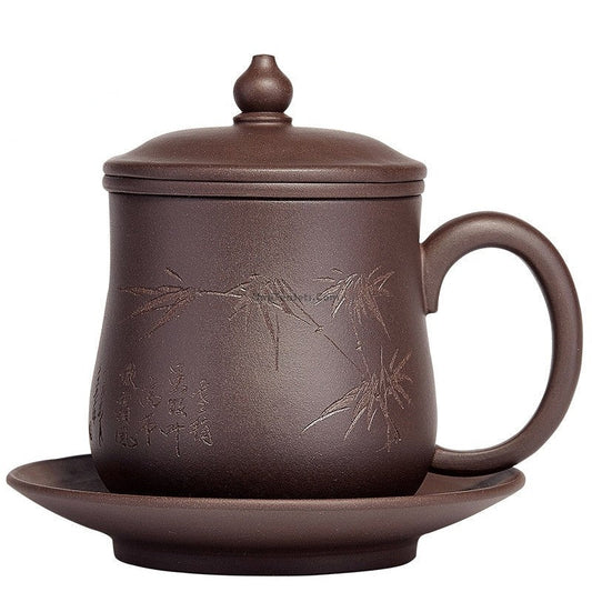 Authentic Yixing Zisha Tea Cup Bamboo With Lid Infuser Saucer