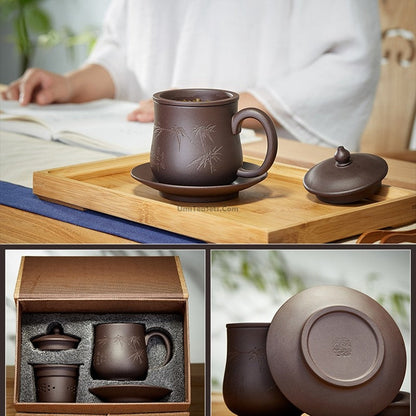 Authentic Yixing Zisha Tea Cup Bamboo With Lid Infuser Saucer