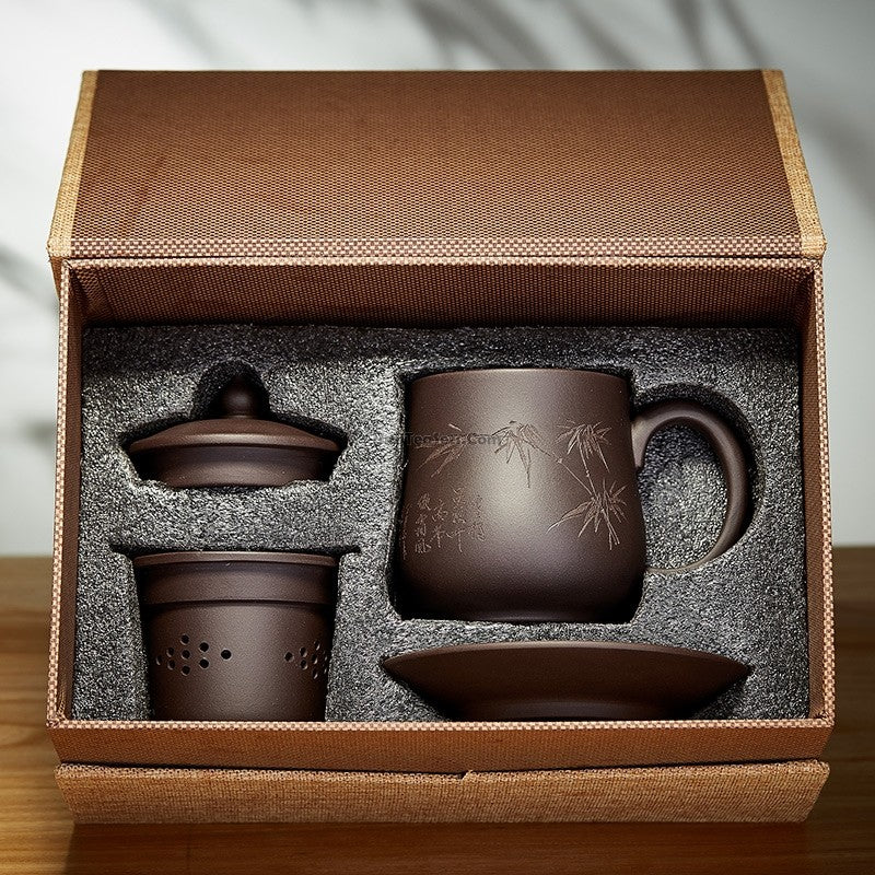 Authentic Yixing Zisha Tea Cup Bamboo With Lid Infuser Saucer