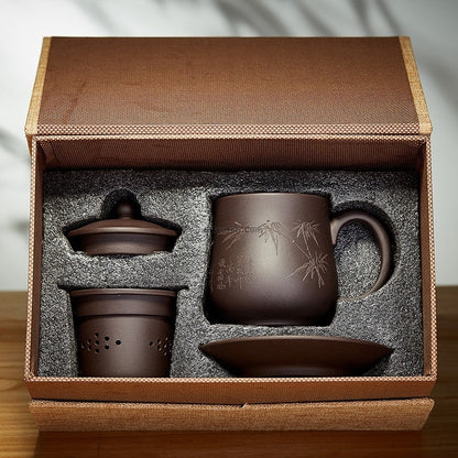 Authentic Yixing Zisha Tea Cup Bamboo With Lid Infuser Saucer