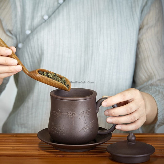 Authentic Yixing Zisha Tea Cup Bamboo With Lid Infuser Saucer