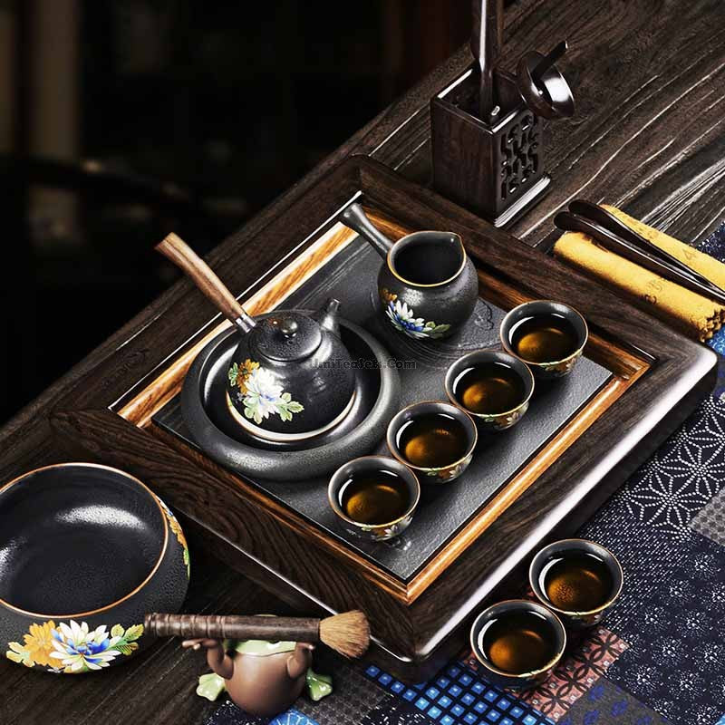 Gongfu Tea Set Iron Glaze & Ebony Tray | 11-Piece