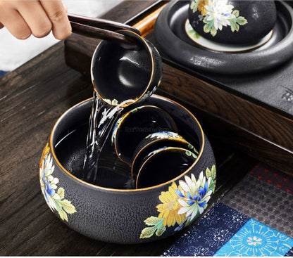 Gongfu Tea Set Iron Glaze & Ebony Tray | 11-Piece