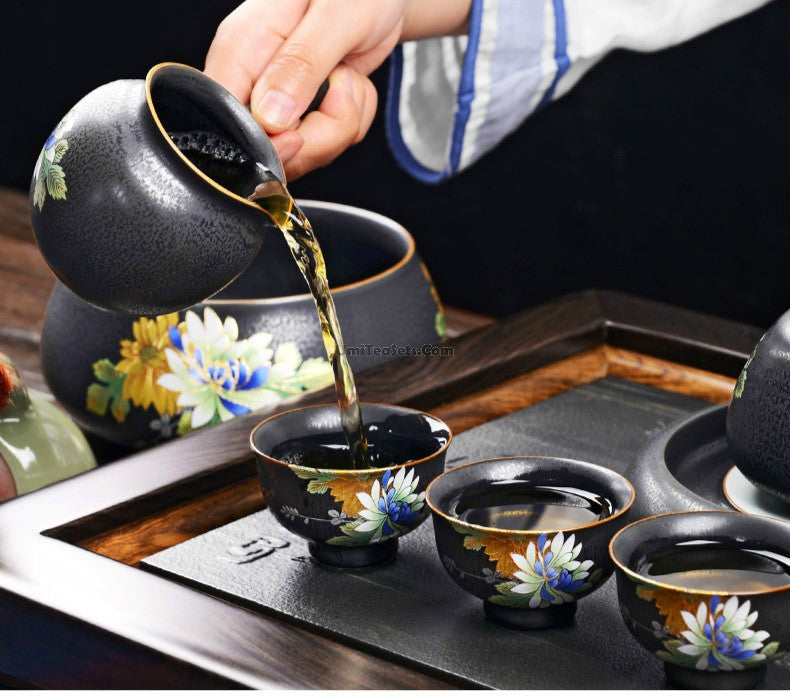 Gongfu Tea Set Iron Glaze & Ebony Tray | 11-Piece