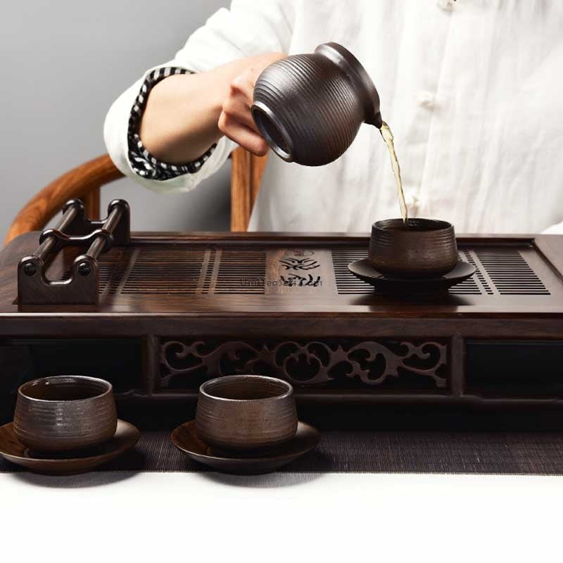 Ebony Wood Gongfu Tea Tray with Cup Holder & Drain