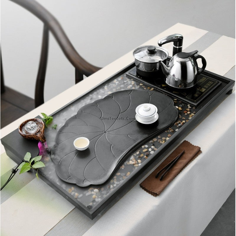 Tea Tray with Induction Cooker | Black Stone Lotus Pond
