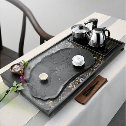 Tea Tray with Induction Cooker | Black Stone Lotus Pond