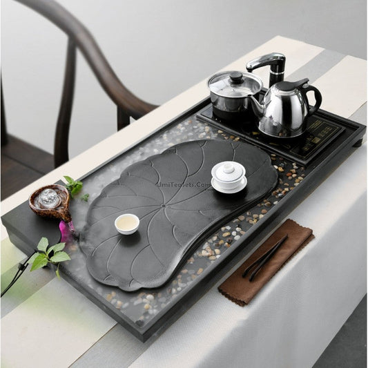 Tea Tray with Induction Cooker | Black Stone Lotus Pond