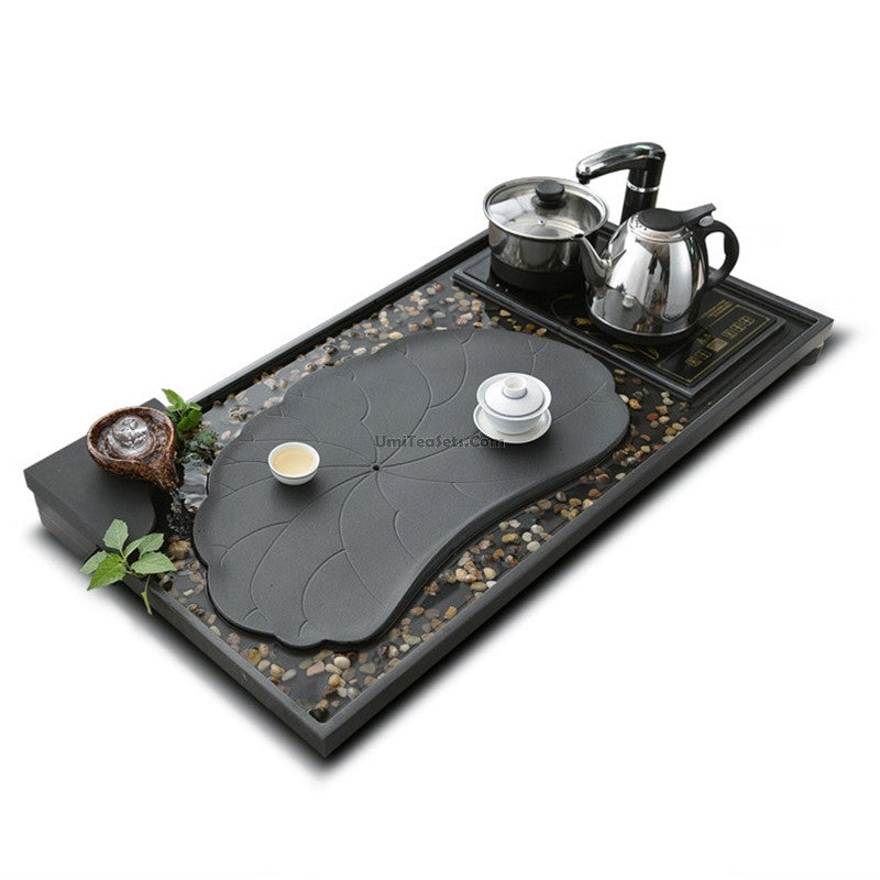 Tea Tray with Induction Cooker | Black Stone Lotus Pond