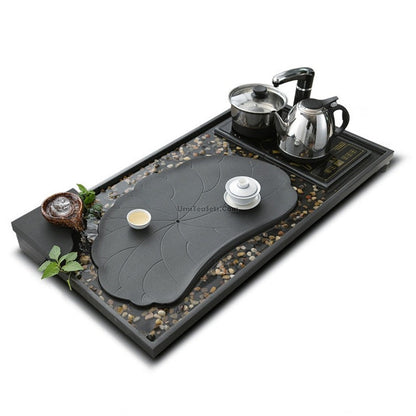 Tea Tray with Induction Cooker | Black Stone Lotus Pond