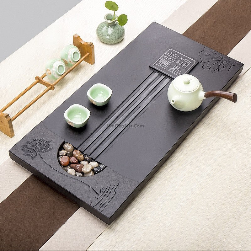 Tea Tray | Black Stone Lotus Flower Carved Gongfu