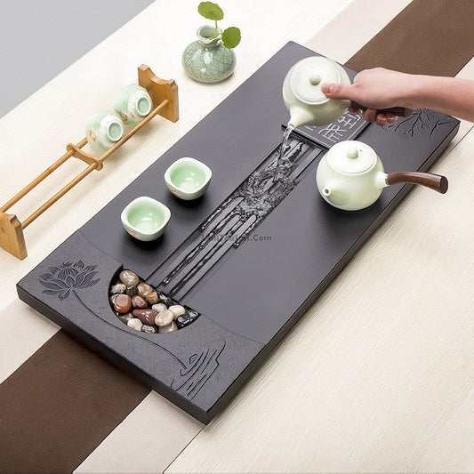 Tea Tray | Black Stone Lotus Flower Carved Gongfu