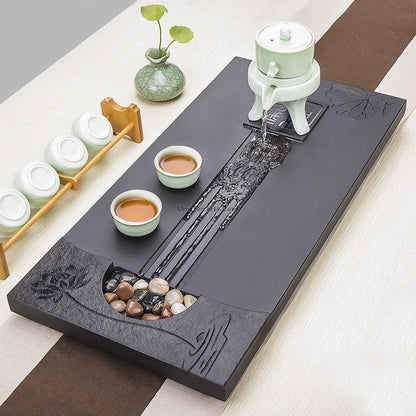 Tea Tray | Black Stone Lotus Flower Carved Gongfu