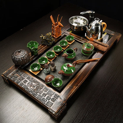 Ice Crack Glaze Gongfu Tea Set Stone Wood Tray Fu Carving